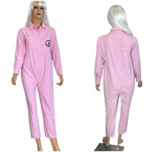 ASCOT HART Pink Cotton Denim Peace Sign Utility Cropped Jumpsuit Romper Small